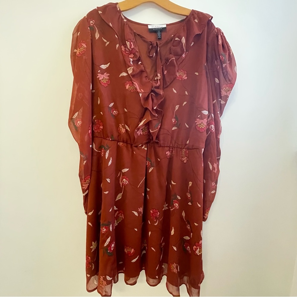 Eloquii Rust Floral Ruffle V-Neck Dress